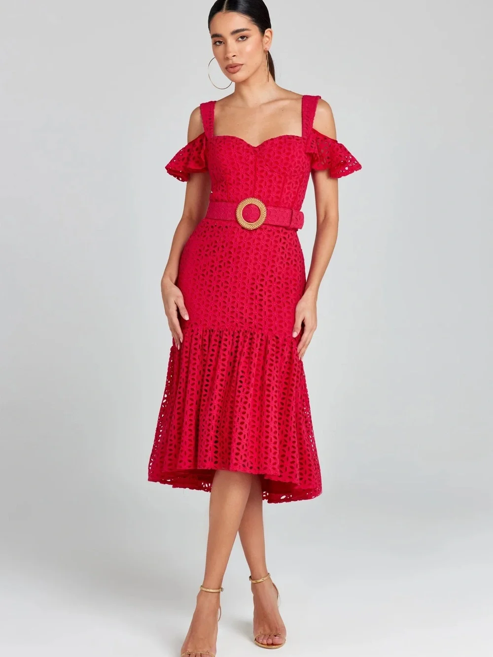 NADINE MERABI Julia Red Eyelet Midi Dress, Belt and Removable shoulder ruffles